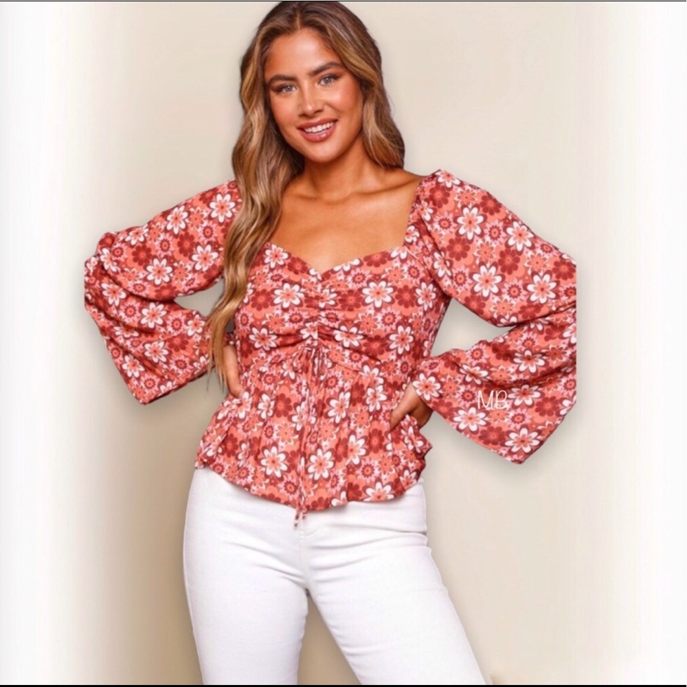 Peach Love California Retro Floral Peplum Top Ruched Bell Sleeve Beauty